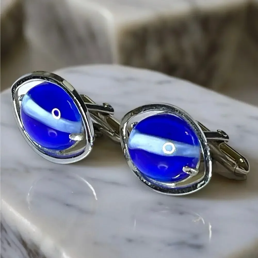 Swank Cufflinks Mens Silver Tone Blue White Striped Glass Cabochons Signed